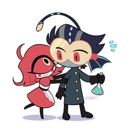 1_eye :3 :< anthro chibi clothed clothing duo ear_frill eyelashes female freckled_face freckles frill_(anatomy) long_eyelashes lure_(anatomy) male simple_background white_background enaic31 hazbin_hotel hellaverse baxter_(hazbin_hotel) niffty_(hazbin_hotel) anglerfish aquatic cyclops demon demon_humanoid fish humanoid