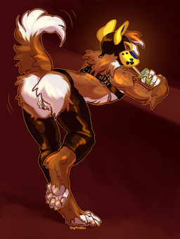 alcohol andromorph animal_mask anthro beverage big_clitoris chaps clitoris container cup dewclaw genitals harness intersex leather leather_chaps mask multicolored_pup_mask orange_body pup_mask solo yellow_pup_mask boypretties canid canine mammal absurd_res hi_res trans_(lore) trans_man_(lore)
