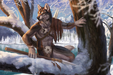 anthro black_nose bottomwear clothing fur loincloth male melee_weapon outside plant polearm snow solo spear tail tree weapon winter yellow_eyes wolnir blackie_wolf canid canine canis mammal wolf 2026 hi_res