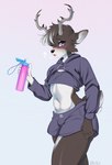 5_fingers abs anthro antlers athletic athletic_anthro athletic_male black_body black_fur black_hair black_nose blue_eyes bodily_fluids bottle bottomwear breath bulge clothing container crop_top cropped_hoodie cropped_topwear femboy fingers fur grey_antlers grey_inner_ear hair half-closed_eyes holding_bottle holding_container holding_object hoodie horn hotpants looking_at_viewer male narrowed_eyes open_mouth pink_eyes pink_pupils pupils purple_bottomwear purple_clothing purple_crop_top purple_hoodie purple_shirt purple_shorts purple_topwear shirt shorts solo sparkles sweat thick_thighs topwear water_bottle white_body white_fur white_hair white_inner_ear wide_hips orcalx juno_(thatdeerboi) juno_barbatos deer mammal 2023 hi_res