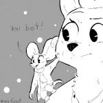 anthro buckteeth carrying_another clothed clothing dialogue duo female grey_background on_shoulder simple_background snow snowing teeth text replytoanons disney zootopia melody_(zhanbow) rosie_(zhanbow) canid canine fox mammal mouse murid murine rodent 1:1 2017 black_and_white english_text monochrome