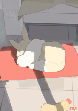 ambiguous_gender detailed_background dipstick_tail feral fur inside loaf lying markings multicolored_body multicolored_fur on_front rug solo tail tail_markings tan_body tan_fur text two_tone_body two_tone_fur wall_socket white_body white_fur olyester nintendo pokemon eevee generation_1_pokemon pokemon_(species) 2026 artist_name