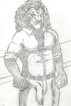 anthro belly belt big_bulge bottomwear bulge clothing iamblazeclaw looking_at_viewer male muscular pants solo standing felid hybrid liger lion mammal pantherine tiger hi_res sketch traditional_media_(artwork)