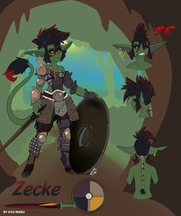 ambiguous_gender armor armor_plates armored_boots biped black_hair clothing dipstick_tail ear_piercing ear_ring fauxhawk female female_humanoid fur gauntlets gloves green_body green_skin hair handwear hooves industrial_piercing leather leather_armor long_tail markings melee_weapon metal_armor multicolored_armor multicolored_body multicolored_fur multicolored_hair piercing plate_armor queue_(hairstyle) raised_tail red_hair ring_piercing sharp_teeth shield solo standing studded_armor studs sword tail tail_markings teeth unconvincing_armor unguligrade wavy_tail weapon zecke_(fox_xd) kyu-maru goblin humanoid hybrid satyr hi_res model_sheet