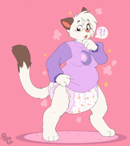 4_fingers 4_toes after_transformation anthro brown_body brown_ears brown_fur brown_tail_tip clean_diaper clothed clothing cloud_emanata diaper dipstick_tail emanata fangs feet female fingers fur gender_transformation hand_on_chin hand_on_hip interrobang logo markings multicolored_body multicolored_fur open_mouth pawpads pink_background pink_nose purple_clothing purple_shirt purple_topwear red_inner_ear red_pawpads shirt simple_background solo sparkles speech_bubble spots spotted_body spotted_face spotted_fur standing tail tail_markings teeth toes topwear transformation two_tone_body two_tone_fur wearing_diaper white_body white_fur white_tail bubblepuppers myst_(daxter131) domestic_cat felid feline felis mammal artist_logo hi_res