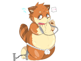 anthro asian_clothing balls_outline belly blush bound brown_body brown_fur bulge chain chained clothing detailed_bulge east_asian_clothing fundoshi fur genital_outline humanoid_hands japanese_clothing kemono male overweight overweight_anthro overweight_male simple_background solo underwear white_background young young_anthro utamu_d28 canid canine mammal raccoon_dog tanuki 2016 4:3