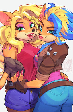 4_fingers anthro belt blonde_hair blue_eyes blue_hair bottomwear breasts butt clothing denim denim_bottomwear denim_clothing denim_shorts do_not_distribute duo ear_piercing ear_ring ear_stud eyebrows eyelashes female fingerless_gloves fingers gloves green_eyes hair hand_on_another's_hip hand_on_hip handwear jacket lips orange_body piercing ring_piercing shorts smile tan_body topwear m5mona activision crash_bandicoot_(series) pirate_tawna tawna_bandicoot bandicoot mammal marsupial 2026 hi_res