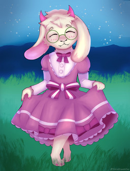 2_horns anthro barefoot blush clothed clothed_anthro clothed_male clothing clothing_lift colored_nails crossdressing_male dress dress_lift eyes_closed eyewear fangs feet floppy_ears frilly frilly_clothing frilly_dress fully_clothed fully_clothed_anthro fully_clothed_male fur glasses grass green_eyewear green_glasses horn lop_ears male nails night outside paws pink_bow pink_clothing pink_dress pink_horn pink_nails plant solo teeth white_body white_fur yolodreamfox deltarune undertale_(series) ralsei bovid caprine goat mammal hi_res
