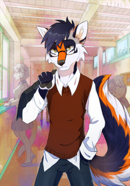 anthro bangs black_body black_bottomwear black_clothing black_fur black_nose black_pants black_pawpads blue_hair bottomwear cheek_tuft clothing eyewear facial_tuft female fur glasses group hair holding_object inside male male_focus markings orange_markings pants pawpads shirt short_hair snout solo_focus standing tail topwear tuft wearing_glasses white_body white_clothing white_fur white_shirt white_topwear yellow_eyes azzai canid canine canis mammal wolf 2017 colored digital_drawing_(artwork) digital_media_(artwork) shaded