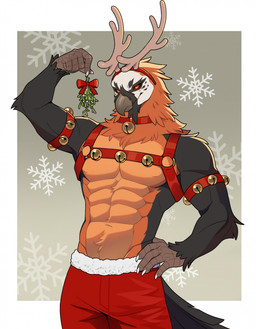 abs beak bottomwear claws clothing fake_antlers fake_horns harness looking_at_viewer male mistletoe muscular muscular_male pants plant red_sclera simple_background solo tail hamgirl_(artist) levante_(enlas) accipitriform avian bird vulture hi_res