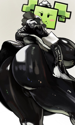 :> bedroom_eyes big_breasts big_butt black_latex breasts butt clothing female female_humanoid glistening glistening_latex green_body green_skin grey_background huge_breasts latex latex_clothing looking_at_viewer looking_down looking_down_at_viewer low-angle_view maid_headdress maid_uniform narrowed_eyes not_furry seductive shirt_cuffs simple_background smile solo text uniform white_shirt_cuffs worm's-eye_view noblood mario_bros nintendo paper_mario mimi_(paper_mario) humanoid 2022 artist_name detailed digital_media_(artwork) hi_res shaded watermark