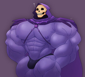 abs anthro biceps big_muscles black_clothing black_underwear blush blush_lines bodily_fluids bone bulge cape clothed clothing deltoids huge_muscles male muscular muscular_humanoid muscular_male nipples not_furry pecs purple_body purple_cape purple_clothing purple_hood question_mark skull skull_head solo sweat sweaty_body thick_thighs triceps underwear nic024 masters_of_the_universe mattel skeletor humanoid 2026 digital_media_(artwork) hi_res