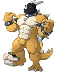 3_toes 4_fingers abs anthro bulge clothing cosplay costume feet fingers horn male male/male mask muscular muscular_anthro muscular_male pecs solo suit tight_clothing toes maldu mario_bros mythology nintendo akanos bowser dragon mythological_creature mythological_scalie scalie hi_res