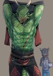 anthro black_bottomwear black_clothing bottomwear clothing duo green_body green_scales male muscular raised_arms removing_shirt scales scar simple_background solo_focus tan_background gunka bethesda_game_studios microsoft skyrim the_elder_scrolls background_character the_dark_brotherhood_(the_elder_scrolls) veezara argonian human mammal scalie 2020 hi_res