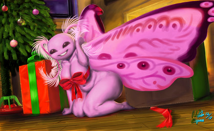 antennae_(anatomy) anthro big_breasts bottomless box breasts christmas_tree cleavage clothed clothing container female fireplace gift gift_wrapped grin holidays non-mammal_breasts plant ribbons shortstack shortstack_female smile solo tree wide_hips napalm_express christmas arthropod insect lepidopteran moth 2017