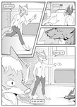 absurd_res anthro barefoot black_and_white blood bodily_fluids canid canine clothed clothing comic dialogue duo english_text feet female first_person_view fox hi_res hybrid inner_ear_fluff inside kif_yppreah kifyun2 male mammal melting mia_smith monochrome reaching running simple_background speech_bubble text tuft warehouse