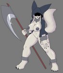 anthro black_clothing black_nails black_nipples bottomless breasts claws clothed clothing collar colored_nails cuff_(restraint) female fluffy fluffy_tail fur furgonomics genitals grey_background grin holding_object holding_weapon hoodie hoodie_only melee_weapon nails nipples partially_clothed polearm pussy restraints ring scythe shackles shadowed_eyes simple_background smile solo standing tail topwear topwear_only weapon white_body white_fur shyning_fingah death_(whitev) canid canine mammal absurd_res full-length_portrait hi_res portrait