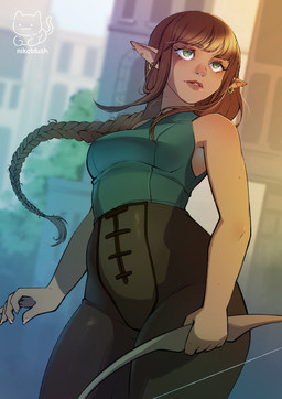 archery bangs braided_hair brown_body brown_hair brown_skin female green_eyes hair humanoid_pointy_ears light not_furry outside pointy_ears solo sunlight conditional_dnp nikoyishi wynona_(nikoyishi) dwarf elf half-dwarf half-elf humanoid 2025 digital_media_(artwork) hi_res shaded