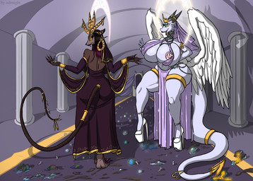 anthro big_breasts bottomwear breasts clothing crush dominant dominant_female duo female footwear halo high_heels jewelry loincloth macro micro planet shoes veil wings ndrnight mythology nighta_(ndrnight) victoria_(yithianarchivist) deity dragon mammal murid murine mythological_creature mythological_scalie rat rodent scalie absurd_res hi_res