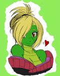 anthro blonde_hair breasts brown_eyes female green_background hair heart_symbol looking_at_viewer non-mammal_breasts simple_background smile solo avencri cela crocodile crocodilian reptile scalie 2007