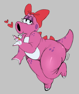 4_fingers anthro countershade_torso countershading eyelashes female female_anthro fingers glistening_eyelids head_bow heart_symbol markings pink_body pink_tail purple_spots red_bow ring_(jewelry) simple_background solo spots spotted_markings tail thick_thighs white_sclera animation_sensation mario_bros nintendo birdo_(character) birdo 2025 digital_drawing_(artwork) digital_media_(artwork) english_description full-length_portrait hi_res portrait