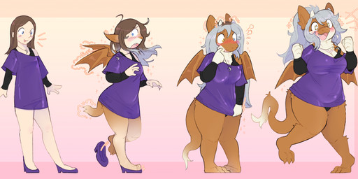 anthro blush breast_growth breasts brown_body brown_fur brown_hair clothing female footwear fur grey_hair growth hair happy high_heels horn horn_growth human_to_anthro latex membrane_(anatomy) membranous_wings open_mouth purple_clothing purple_footwear purple_high_heels purple_shirt purple_topwear shirt shoes simple_background smile solo species_transformation standing surprised tail tail_growth topwear transformation weight_gain wing_growth wings pawberry mythology dragon furred_dragon furred_scalie human mammal mythological_creature mythological_scalie scalie 2023 digital_media_(artwork) hi_res sequence