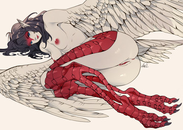 anthro anus areola blue_eyes breasts butt feathered_wings feathers feet female genitals humanoid_face lips looking_at_viewer nipples nude nude_anthro nude_female red_anus red_areola red_legs red_lips red_nipples red_vulva sharp_talons smile solo spread_wings talons toes vulva white_body white_breasts white_feathers white_wings wings ama_dench_art european_mythology greek_mythology mythology animal_humanoid avian harpy humanoid mythological_avian mythological_creature hi_res