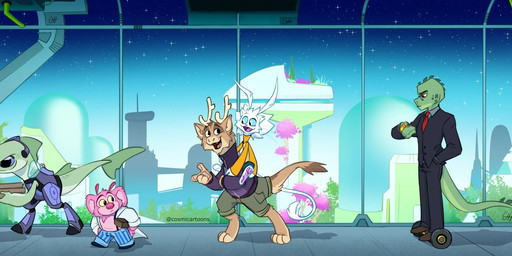 ambiguous_gender anthro antlers clothing female food fur group horn male norwegian pink_body pizza suit walking white_body white_fur cosmicartoons human_nature alien animal_humanoid aquatic aquatic_humanoid humanoid scalie hi_res