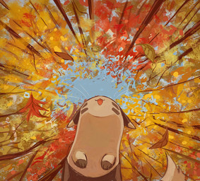 ambiguous_gender autumn autumn_leaves feral fur leaf low-angle_view markings open_mouth paws plant solo tail tan_body tan_fur tree whisker_markings whiskers dietranch nintendo pokemon furret generation_2_pokemon pokemon_(species) 2025 hi_res