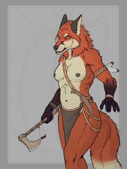 5_fingers anthro axe black_nose bottomwear breasts claws clothed clothing female finger_claws fingers fur gloves_(marking) holding_axe holding_object humanoid_hands knife loincloth markings multicolored_body multicolored_fur navel nipples red_body red_fur solo tan_body tan_fur teeth topless topless_anthro topless_female tribal two_tone_body two_tone_fur solokhoniir canid canine fox mammal 2023 3:4 digital_media_(artwork) hi_res sketch
