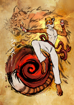 anthro belt fur male martial_art_pants martial_arts solo striped_body striped_fur stripes tail text training thehavanawolf capcom okami_(capcom) felid feline mammal absurd_res hi_res japanese_text