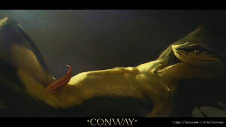 animal_genitalia anthro countershade_torso countershading erection genital_slit genitals green_body green_scales long_neck looking_at_viewer lying male nude on_back penis pupils scales side_view slit_pupils snout solo tapering_penis text nomax conway_(game) rene_(conway) reptile scalie snake 16:9 hi_res shaded url widescreen