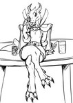 2_horns 4_toes anthro belt bent_arm bent_legs biped cape claws clothed clothing crossed_legs dewclaw digitigrade dress extended_arm feet female flat_chested front_view fully_clothed furniture horn leg_over_thigh on_table sitting sitting_on_table snout solo table thick_thighs toe_claws toes queblock european_mythology mythology dragon mythological_creature mythological_scalie scalie western_dragon wingless_dragon 2022 black_and_white digital_drawing_(artwork) digital_media_(artwork) hi_res line_art monochrome sketch