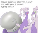 ambiguous_gender anthro duo eyes_closed gastropod_shell mollusk_shell nude open_mouth parody profanity purple_body shell simple_background text lysergide nintendo pokemon pokemon_legends_arceus slaps_roof_of_car generation_6_pokemon generation_8_pokemon goodra hisuian_form hisuian_goodra pokemon_(species) regional_form_(pokemon) english_text meme