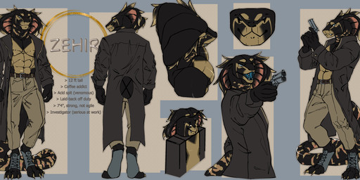 5_fingers abs anthro belt biped black_body black_clothing black_fur blue_tongue boots bottomwear brown_clothing claws clothed clothing coat digitigrade fangs feet fingers footwear fur gloves grey_clothing gun handgun handwear holding_gun holding_object holding_ranged_weapon holding_weapon looking_at_viewer male male_anthro markings multicolored_body muscular muscular_anthro muscular_male open_mouth pants pistol ranged_weapon rear_view scales sharp_teeth shoes simple_background smile snake_hood solo standing tail tan_bottomwear tan_clothing teeth text toeless_footwear toes tongue topwear trenchcoat weapon yellow_body yellow_eyes milajanh cobra hybrid mammal reptile scalie snake 2026 absurd_res digital_media_(artwork) english_text hi_res model_sheet