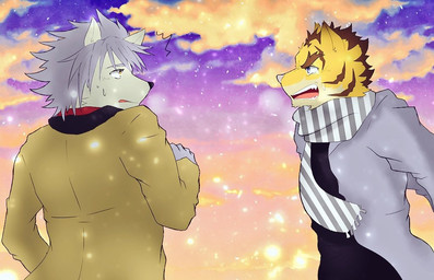 anthro argument black_body black_fur blue_eyes bodily_fluids brown_body brown_fur clothing crying day duo eyebrows fur grey_body grey_fur grey_hair grey_nose hair jacket looking_aside looking_at_another male male/male open_mouth outside scarf shocked short_hair sunset tears thick_eyebrows topwear yellow_body yellow_eyes yellow_fur paomer morenatsu kouya_aotsuki torahiko_ooshima canid canine canis domestic_dog felid husky mammal nordic_sled_dog pantherine spitz tiger unavailable_at_source