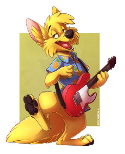 4_fingers 4_toes abstract_background anthro biped black_nose black_pawpads bottomless clothed clothing electric_guitar fangs featureless_crotch feet fingers fluffy fluffy_tail front_view fur guitar half-closed_eyes holding_musical_instrument holding_object inner_ear_fluff male musical_instrument narrowed_eyes naturally_censored on_one_leg pawpads paws pink_tongue playing_guitar playing_music plucked_string_instrument shirt solo standing string_instrument tail teeth toes tongue toony topwear tuft yellow_body yellow_fur yellow_tail tazara goldenrod canid canine fennec_fox fox mammal true_fox 2016 digital_media_(artwork) full-length_portrait hi_res portrait signature