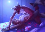 anthro collar duo ear_piercing femboy grin hair light long_hair male male/male moonlight mottled navel navel_piercing petals piebald piercing smile wrists_held siany alden_cariad ellis_cariad calico_cat canid canine canis dhole domestic_cat felid feline felis mammal