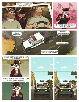 anthro arm_hair beard biped blush bodily_fluids body_hair bottomwear chest_hair clothing cloud day dialogue eyewear facial_hair flailing gesture glasses hand_gesture hat head_bump headgear headwear hoodie leg_hair male male_anthro messenger_bag nervous open_mouth open_smile plant shirt shorts sitting sky smile sound_effects speech_bubble spiral spiral_eyes sweat sweatdrop text topwear tree truck vehicle nardodraws leo_(nardodraws) rodney_(nardodraws) tom_(nardodraws) canid canine canis deer mammal moose new_world_deer wolf comic english_text hi_res