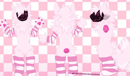 ambiguous_gender anthro arm_warmers armwear blush checkered checkered_background claws clothing cross_section featureless_crotch fluffy fluffy_tail fur heart_eyes heart_symbol legwear machine neck_tuft pattern_background pattern_clothing pawpads paws pink_body pink_fur simple_background solo standing striped_clothing stripes tail text thigh_highs tuft b1nd03 fuzzberry protogen artist_name digital_drawing_(artwork) digital_media_(artwork) hi_res model_sheet shaded simple_shading source_request