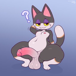 anthro balls belly big_balls big_penis black_body black_eyes black_fur blue_background blush bodily_fluids body_blush countershading crouching dipstick_tail femboy foreskin front_view fur genitals glans gloves_(marking) gradient_background half-closed_eyes half-erect hand_behind_head huge_thighs humanoid_genitalia humanoid_penis leg_markings long_penis looking_at_viewer male markings motion_outline multicolored_body multicolored_fur narrowed_eyes navel nipples nude partially_retracted_foreskin pear-shaped_figure penis penis_blush pink_glans pink_inner_ear pink_nipples pink_penis purple_eyelids question_mark saggy_balls shortstack shortstack_male simple_background slightly_chubby smile socks_(marking) solo spread_legs spreading sweat sweatdrop tail tail_markings text thick_thighs white_body white_countershading white_fur wide_hips yellow_sclera frumples animal_crossing nintendo punchy_(animal_crossing) domestic_cat felid feline felis mammal 1:1 2021 artist_name dated digital_drawing_(artwork) digital_media_(artwork) hi_res
