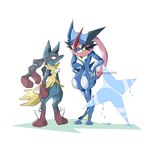 ambiguous_gender anthro biped black_body blue_body blue_skin chest_spike duo fur looking_at_another orange_eyes ranged_weapon red_eyes shuriken simple_background spikes spikes_(anatomy) standing weapon white_background yellow_body yellow_fur cracky002 nintendo pokemon ash-greninja generation_6_pokemon greninja mega_evolution mega_lucario pokemon_(species) 1:1 2023 artist_name full-length_portrait hi_res portrait watermark