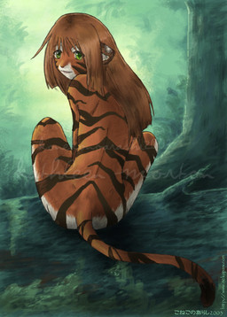 anthro brown_hair detailed_background female forest fur green_eyes hair log long_hair looking_at_viewer looking_back nature nude orange_body orange_fur outside plant rear_view solo stripes tail tree wood kathleen_morton konekonoarashi felid mammal pantherine tiger 2003 watermark