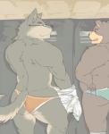 6_fingers anthro black_nose brown_body brown_fur butt clothed clothing countershading eyewear fingers fur glasses grey_body grey_fur locker locker_room male multicolored_body multicolored_fur muscular muscular_anthro muscular_male open_mouth open_smile rear_view smile solo topless two_tone_body two_tone_fur underwear undressing white_body white_fur ginnosuke がむしろっぷ_(artist) bear canid canine canis mammal wolf source_request