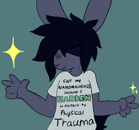 anthro bite_mark blue_body blue_fur blue_hair clothing fur gesture hair hand_gesture male shirt solo text text_on_clothing text_on_shirt text_on_topwear topwear v_sign nyactophiliac reese_(nyactophiliac) lagomorph leporid mammal rabbit meme