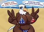 american_flag american_flag_bikini anthro beach beak belly big_breasts bikini blue_eyes breasts brown_body clothed clothing curvy_figure detailed_background female flag_bikini gesture hand_gesture holidays huge_breasts huge_hips non-mammal_breasts seaside skimpy skimpy_swimwear small_waist solo star_pattern star_polygon star_print string_bikini striped_bikini_top swimwear text thick_thighs tight_bikini tight_clothing tight_swimwear two-piece_swimsuit under_boob united_states_of_america v_sign voluptuous wide_hips lemondude 4th_of_july american_eagle accipitrid accipitriform avian bald_eagle bird eagle sea_eagle english_text