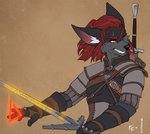 5_fingers anthro black_body black_fur black_nose eyebrows eyelashes fingers fur hair heterochromia holding_melee_weapon holding_object holding_sword holding_weapon male melee_weapon red_hair solo sword teeth weapon conditional_dnp fluff-kevlar the_witcher geralt_of_rivia nytro_(fluff-kevlar) canid canine mammal digital_media_(artwork)