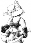 anthro armor balls belt belt_pouch big_eyes big_head biped black_and_white bottomwear bulge canid canine clothed clothing crossdressing detailed_bulge dipstick_tail drake_fenwick ear_piercing fox front_view genital_outline genitals gloves hair handwear hatching_(art) holding_object holding_weapon loincloth male mammal markings monochrome multicolored_tail navel navel_piercing navel_ring penis_outline piercing ring_piercing scale_armor shaded short_hair simple_background skimpy solo standing tail tail_markings toony weapon white_background