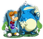 4_fingers anthro blue_eyes clothing disembodied_hand disembodied_head duo feet fingers footwear grass male membrane_(anatomy) open_mouth plant toes webbed_feet francoisl-artblog rayman_(series) ubisoft globox rayman amphibian raypeople_(rayman) 2019 hi_res