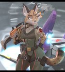 ammunition anthro arwing black_bars blue_eyes bottomwear breasts clothing ear_piercing ear_ring female gun piercing ranged_weapon ring_piercing solo topwear weapon year hinget nintendo star_fox miyu_(star_fox) felid feline lynx mammal 2022 absurd_res artist_name digital_media_(artwork) hi_res watermark widescreen